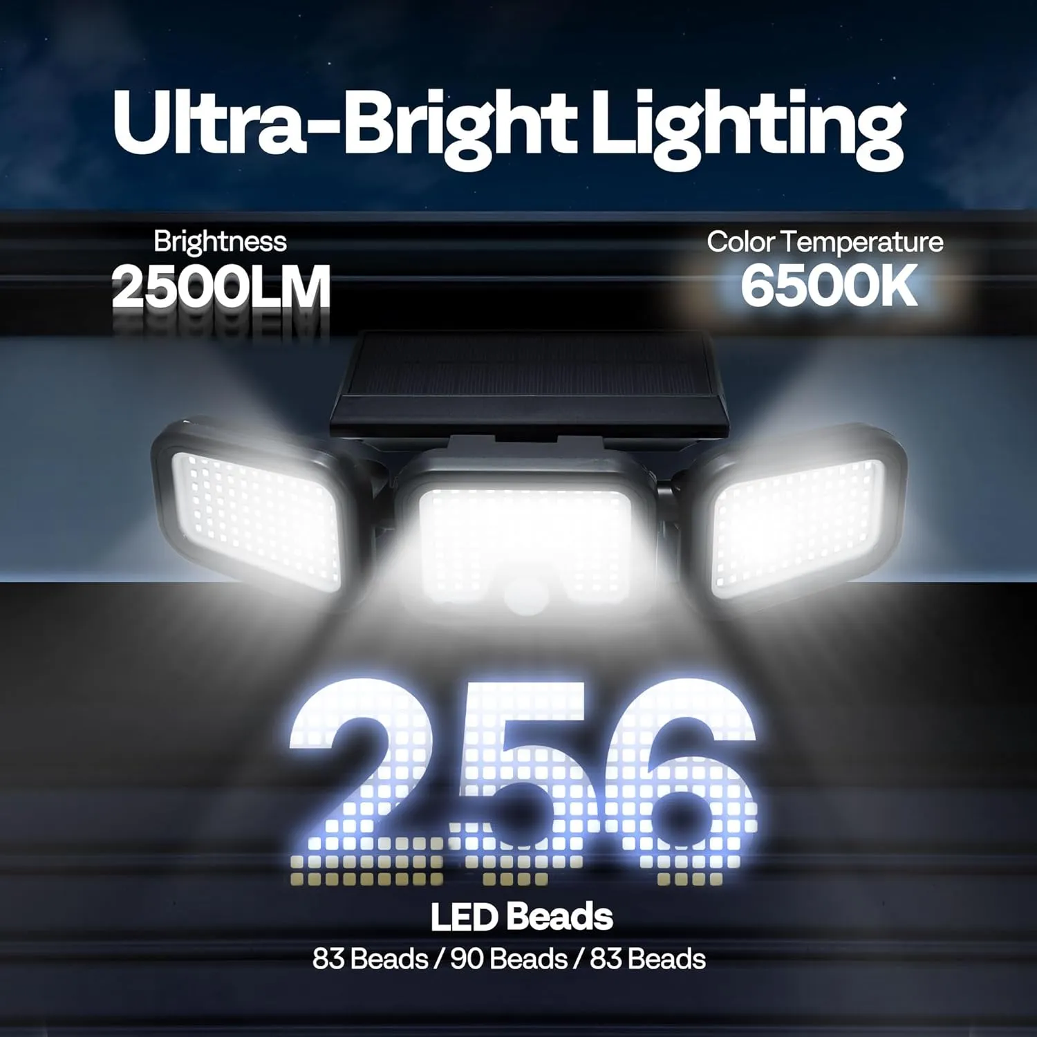 VIVOHOME Solar Flood Lights Outdoor, 256 LED 2500LM Motion Sensor Lights, 3 Adjustable Heads Security Lights, IP65 Waterproof, 270° Wide Lighting Angle Solar Powered Lights for Porch, Yard, 2 Pack