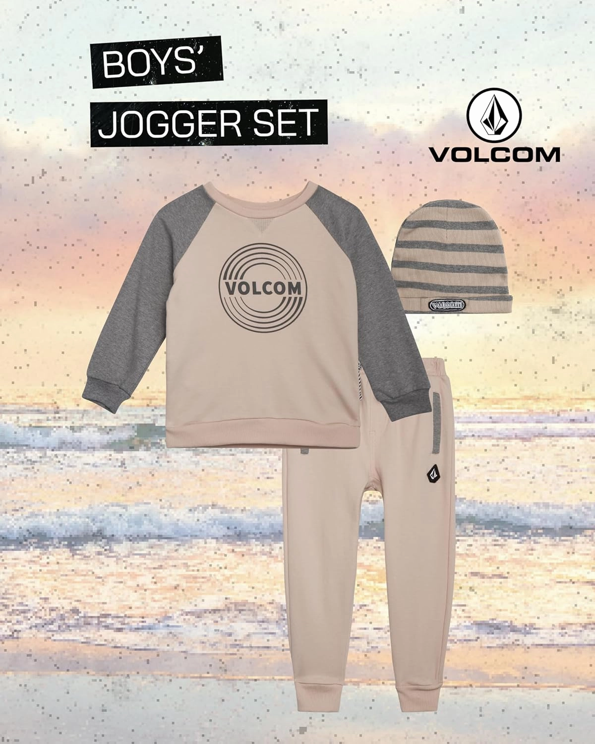 Volcom Boys' Sweatsuit Set - 3 Piece French Terry Active Set Boys Sweatshirt, Jogger Pants and Hat - Boys Jogger Set (12M-7)