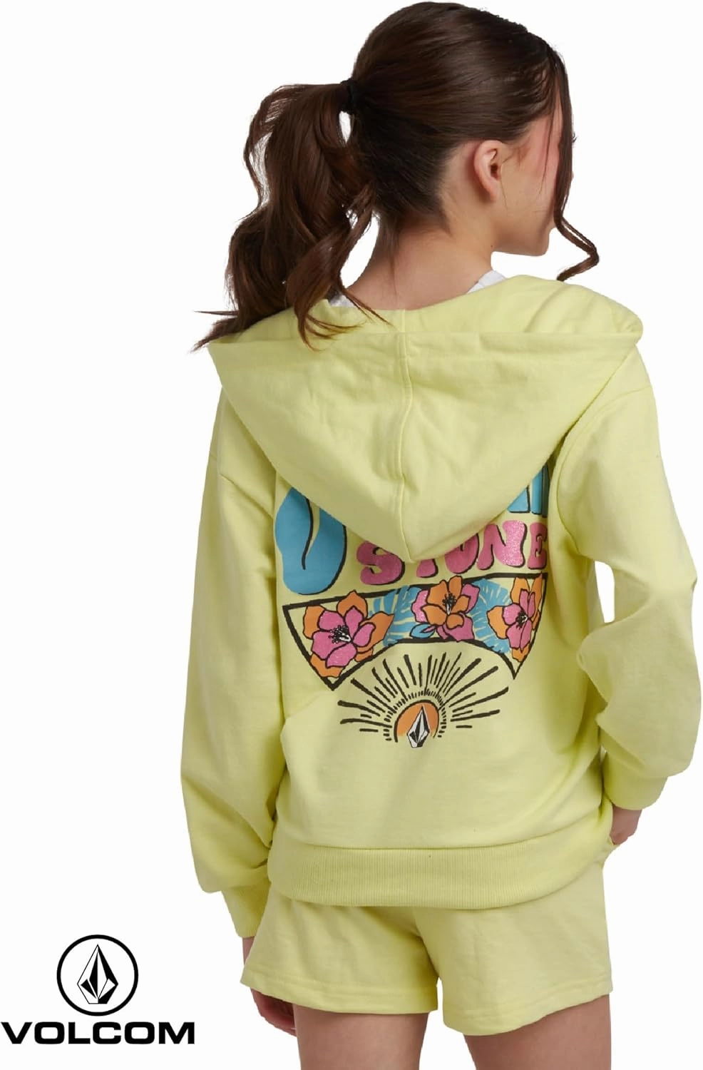 Volcom Girls' Fleece Short Set - 2 Piece Long Sleeve Full Zip Up Hoodie Sweatshirt and Matching Sweat Shorts (Sizes: 4-12)