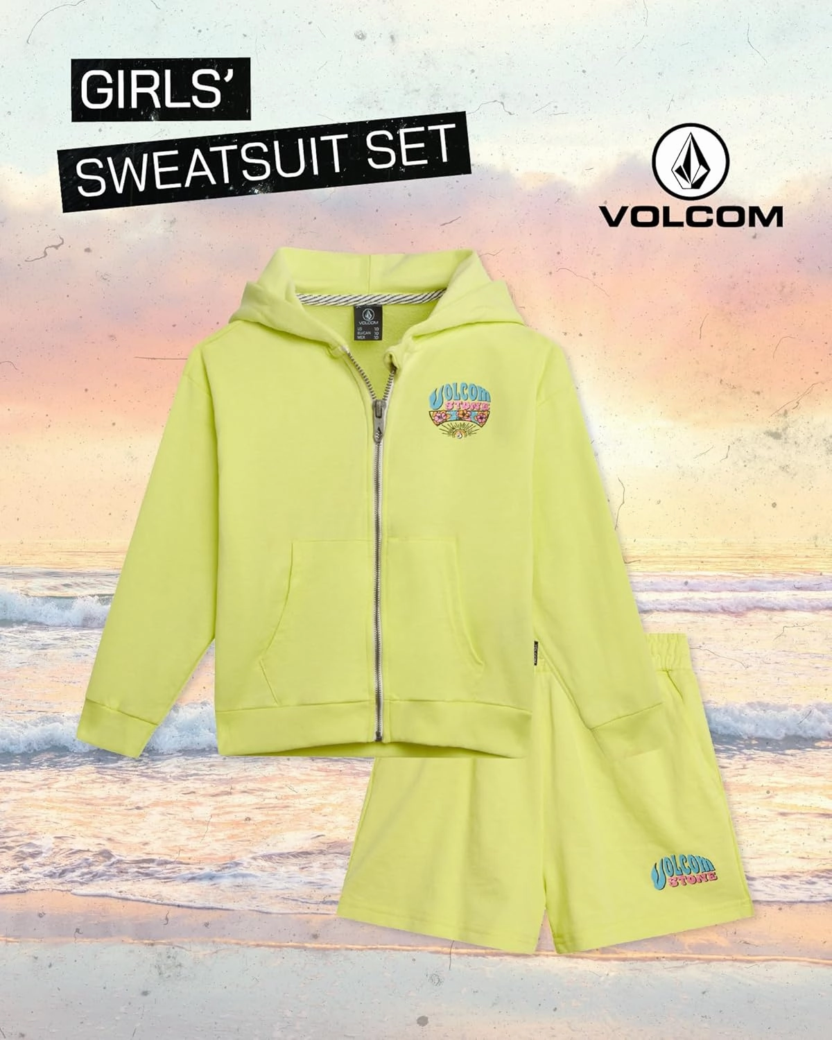 Volcom Girls' Fleece Short Set - 2 Piece Long Sleeve Full Zip Up Hoodie Sweatshirt and Matching Sweat Shorts (Sizes: 4-12)