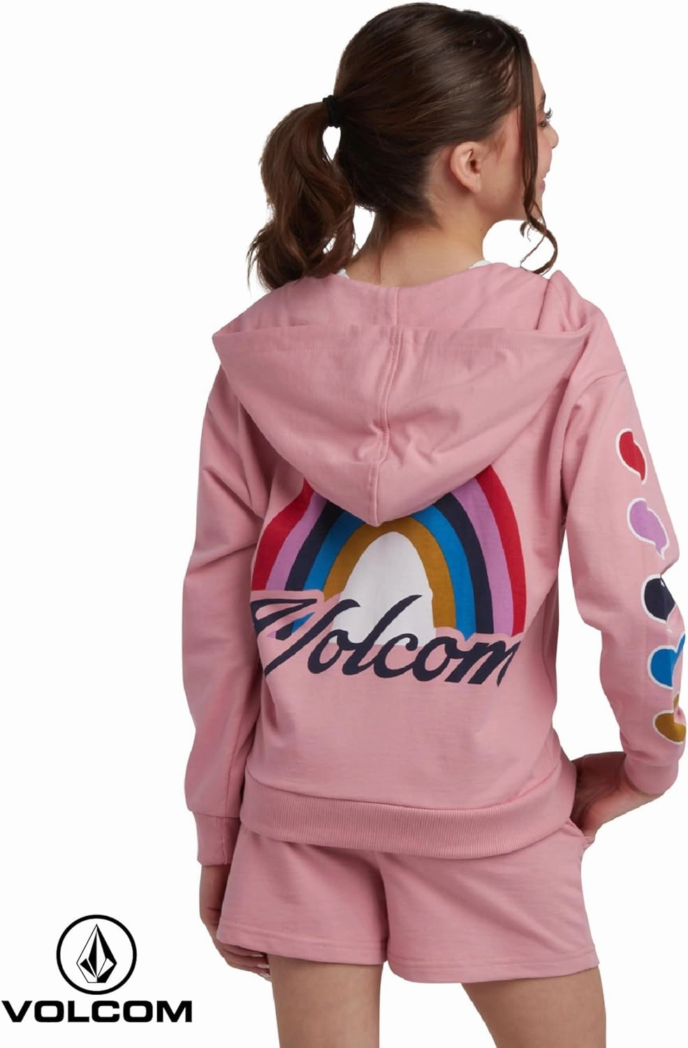 Volcom Girls' Fleece Short Set - 2 Piece Long Sleeve Full Zip Up Hoodie Sweatshirt and Matching Sweat Shorts (Sizes: 4-12)