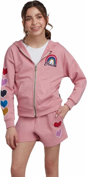 Volcom Girls' Fleece Short Set - 2 Piece Long Sleeve Full Zip Up Hoodie Sweatshirt and Matching Sweat Shorts (Sizes: 4-12)