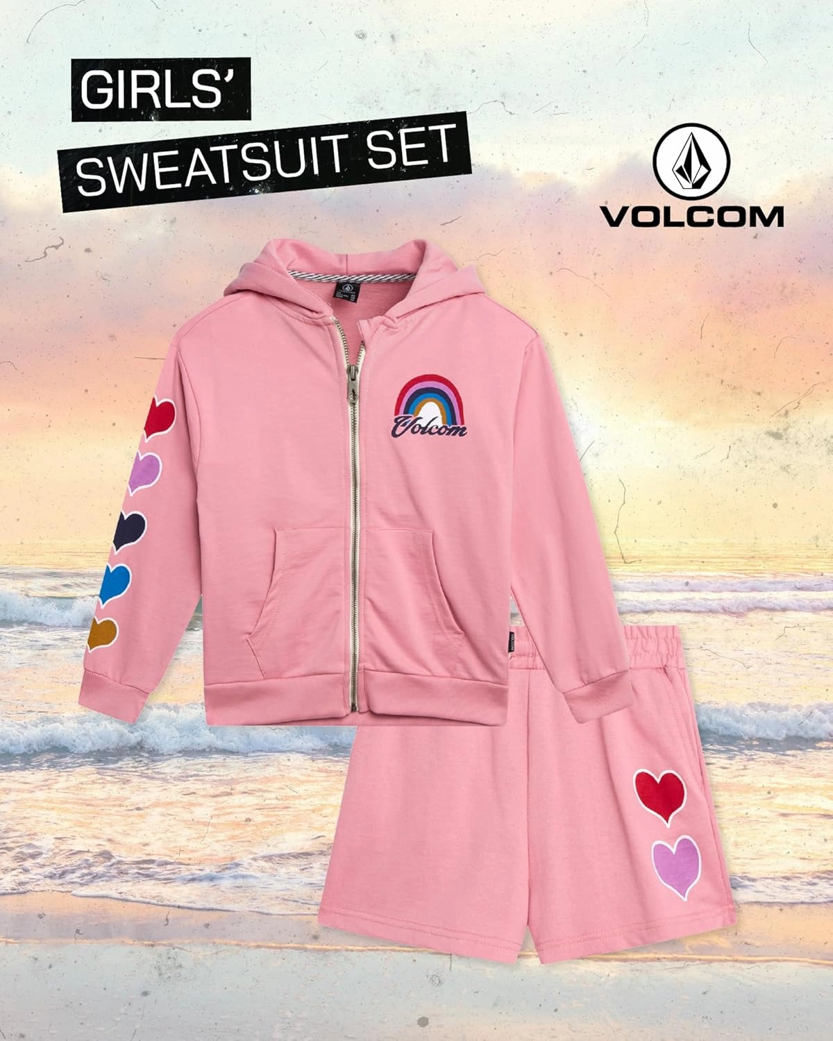 Volcom Girls' Fleece Short Set - 2 Piece Long Sleeve Full Zip Up Hoodie Sweatshirt and Matching Sweat Shorts (Sizes: 4-12)
