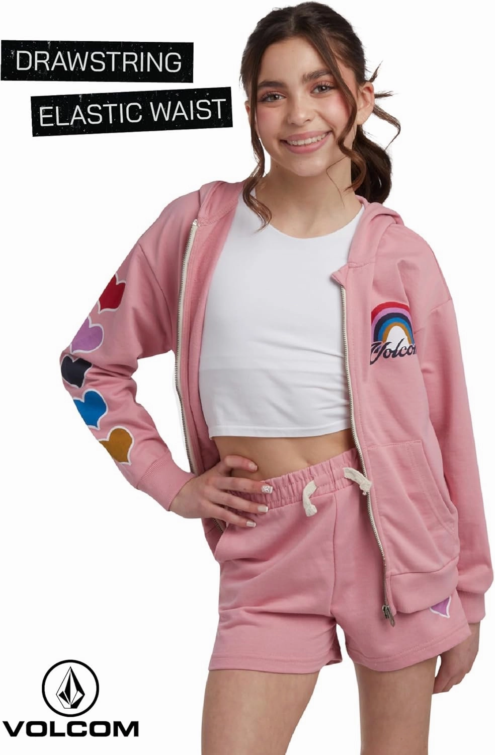Volcom Girls' Fleece Short Set - 2 Piece Long Sleeve Full Zip Up Hoodie Sweatshirt and Matching Sweat Shorts (Sizes: 4-12)