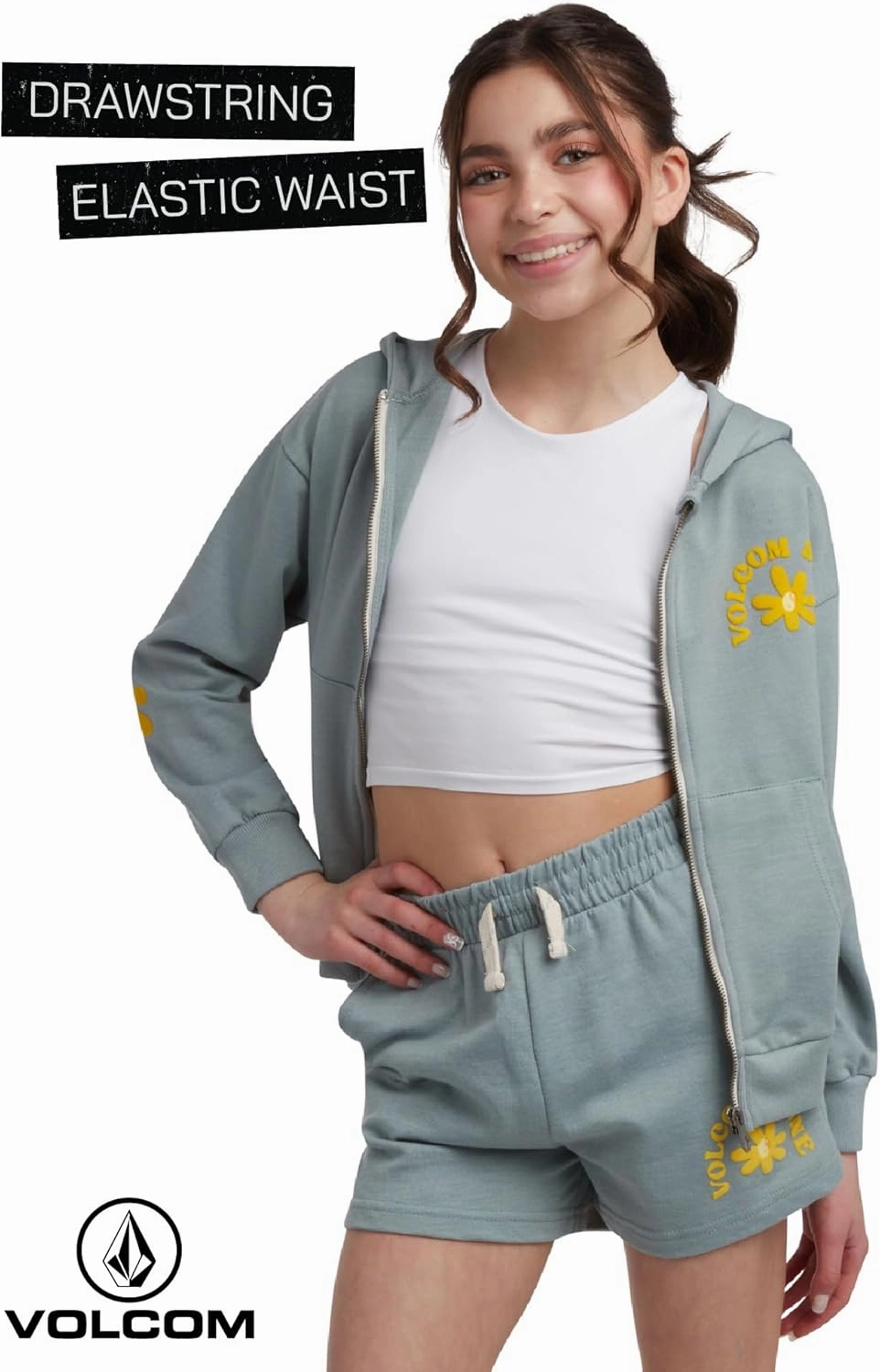 Volcom Girls' Fleece Short Set - 2 Piece Long Sleeve Full Zip Up Hoodie Sweatshirt and Matching Sweat Shorts (Sizes: 4-12)