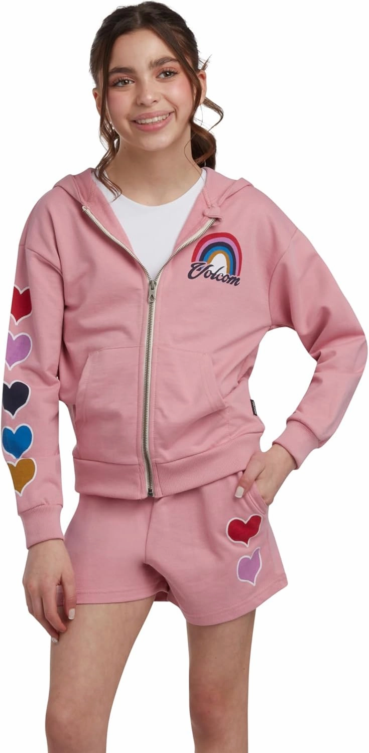 Volcom Girls' Fleece Short Set - 2 Piece Long Sleeve Full Zip Up Hoodie Sweatshirt and Matching Sweat Shorts (Sizes: 4-12)