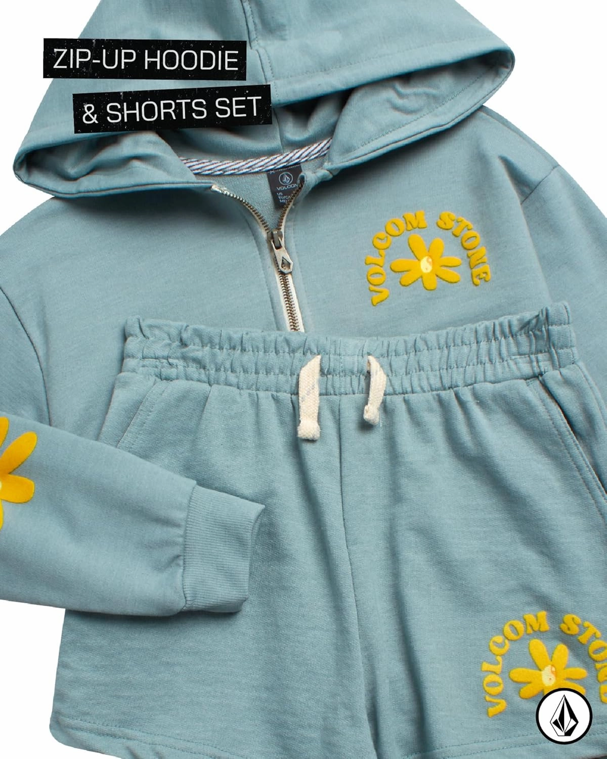 Volcom Girls' Fleece Short Set - 2 Piece Long Sleeve Full Zip Up Hoodie Sweatshirt and Matching Sweat Shorts (Sizes: 4-12)