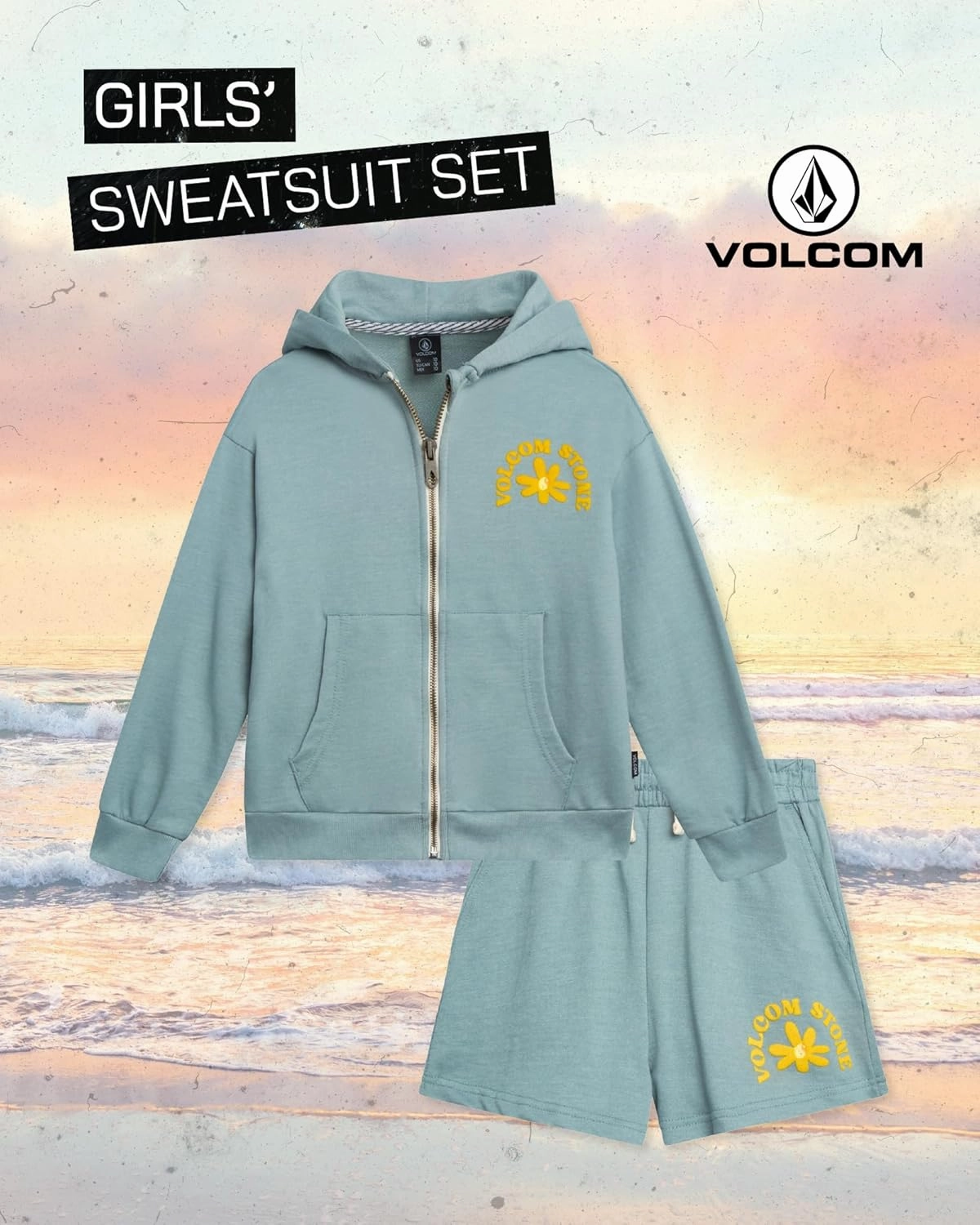 Volcom Girls' Fleece Short Set - 2 Piece Long Sleeve Full Zip Up Hoodie Sweatshirt and Matching Sweat Shorts (Sizes: 4-12)