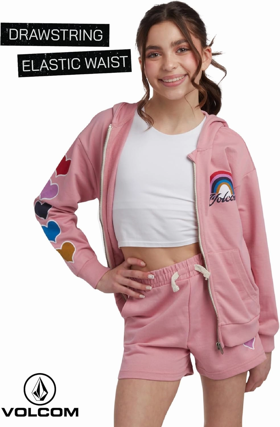 Volcom Girls' Fleece Short Set - 2 Piece Long Sleeve Full Zip Up Hoodie Sweatshirt and Matching Sweat Shorts (Sizes: 4-12)