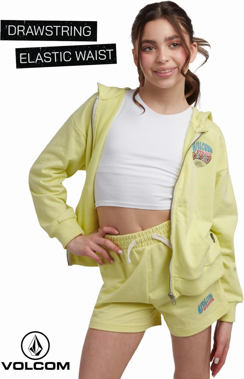 Volcom Girls' Fleece Short Set - 2 Piece Long Sleeve Full Zip Up Hoodie Sweatshirt and Matching Sweat Shorts (Sizes: 4-12)