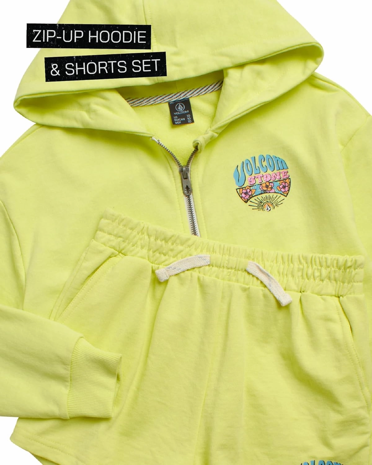 Volcom Girls' Fleece Short Set - 2 Piece Long Sleeve Full Zip Up Hoodie Sweatshirt and Matching Sweat Shorts (Sizes: 4-12)