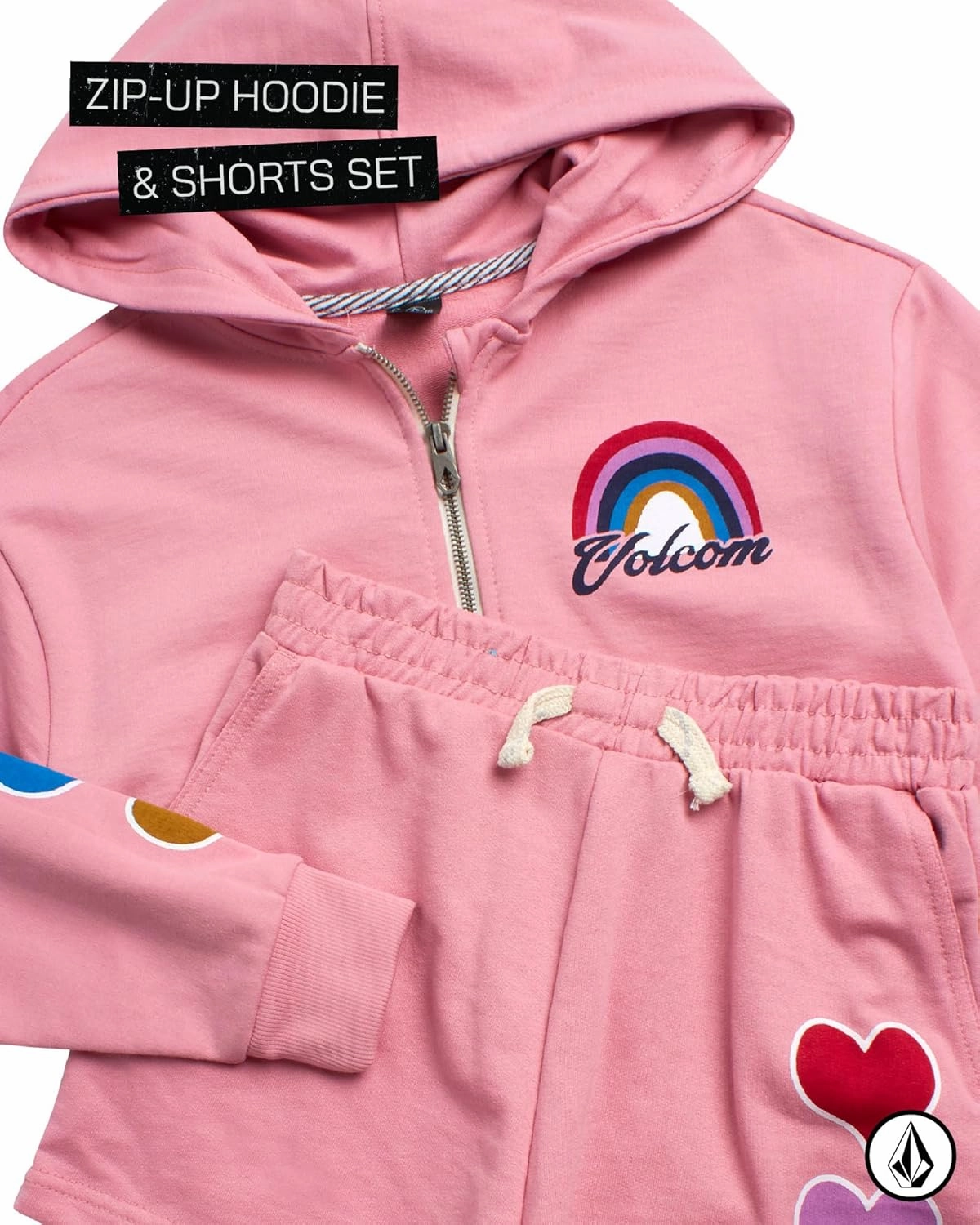 Volcom Girls' Fleece Short Set - 2 Piece Long Sleeve Full Zip Up Hoodie Sweatshirt and Matching Sweat Shorts (Sizes: 4-12)