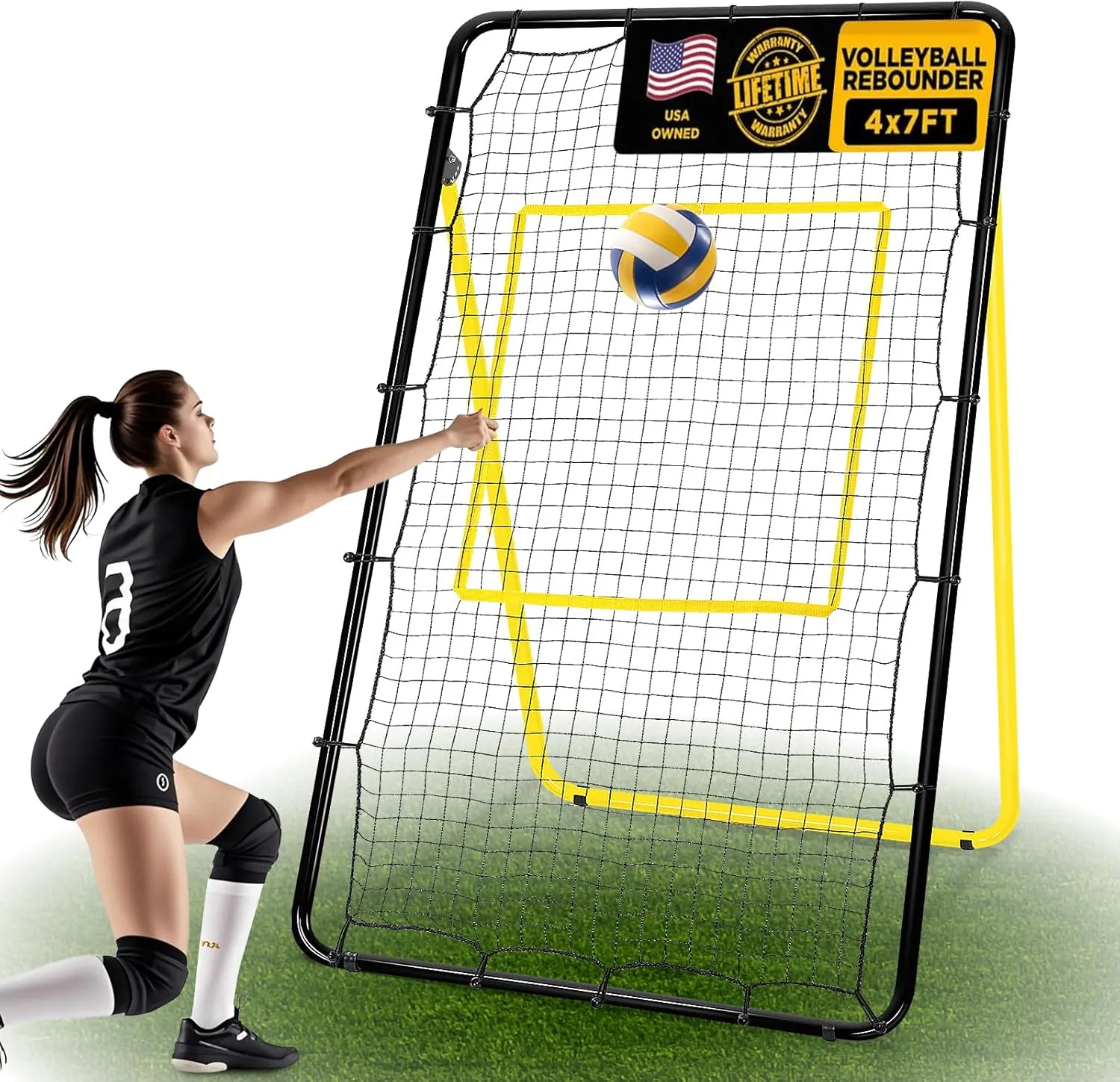 Volleyball Rebound Net 7x4 ft - 6 Angles Adjustable Volleyball Training Equipment Bounce Back Net with Sturdy Metal Stakes & Travel Bag, for Practicing Lacrosse, Baseball, Soccer,Tennis
