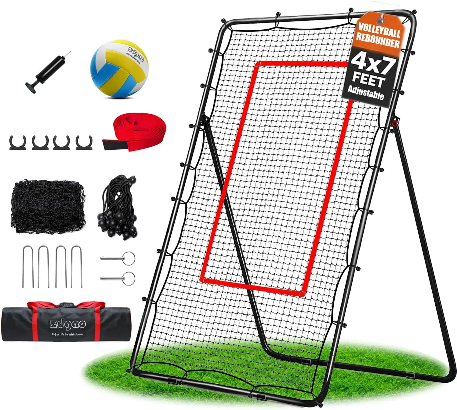 Volleyball Rebounder Net with Bungee Cords, Volleyball,Carry Bag and Neon Target, Adjustable Bounce Back Net for Practicing Volleying, Bumping, Spiking (4x7ft)