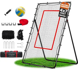 Volleyball Rebounder Net with Bungee Cords, Volleyball,Carry Bag and Neon Target, Adjustable Bounce Back Net for Practicing Volleying, Bumping, Spiking (4x7ft)
