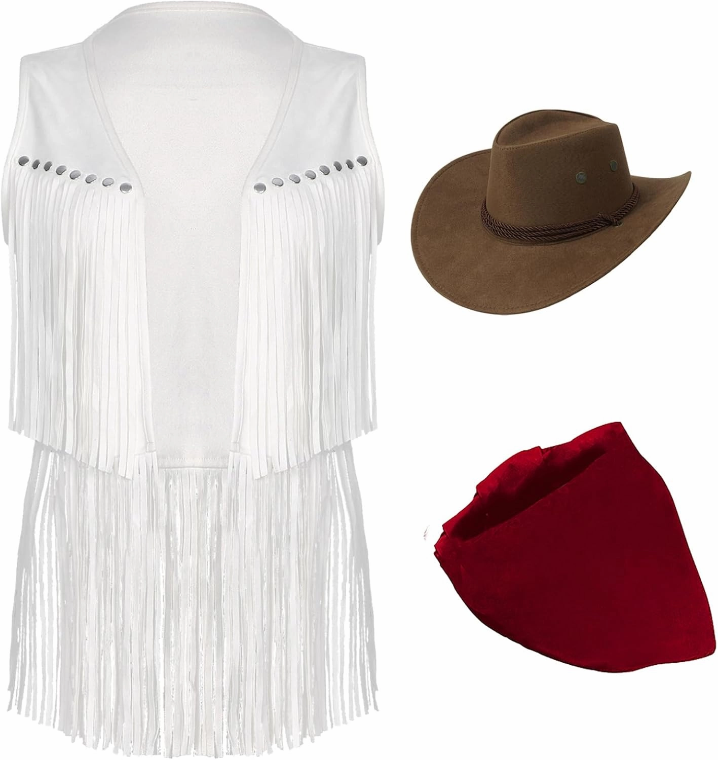 Vxuxlje Women's Western Cowgirl Outfits Sets Tassel Fuax Suede Open Front Vest with Cowboy Hats