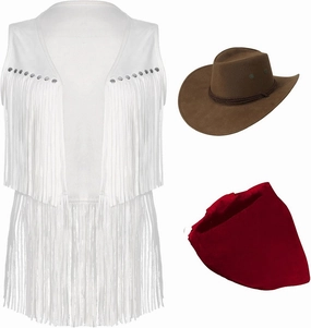 Vxuxlje Women's Western Cowgirl Outfits Sets Tassel Fuax Suede Open Front Vest with Cowboy Hats