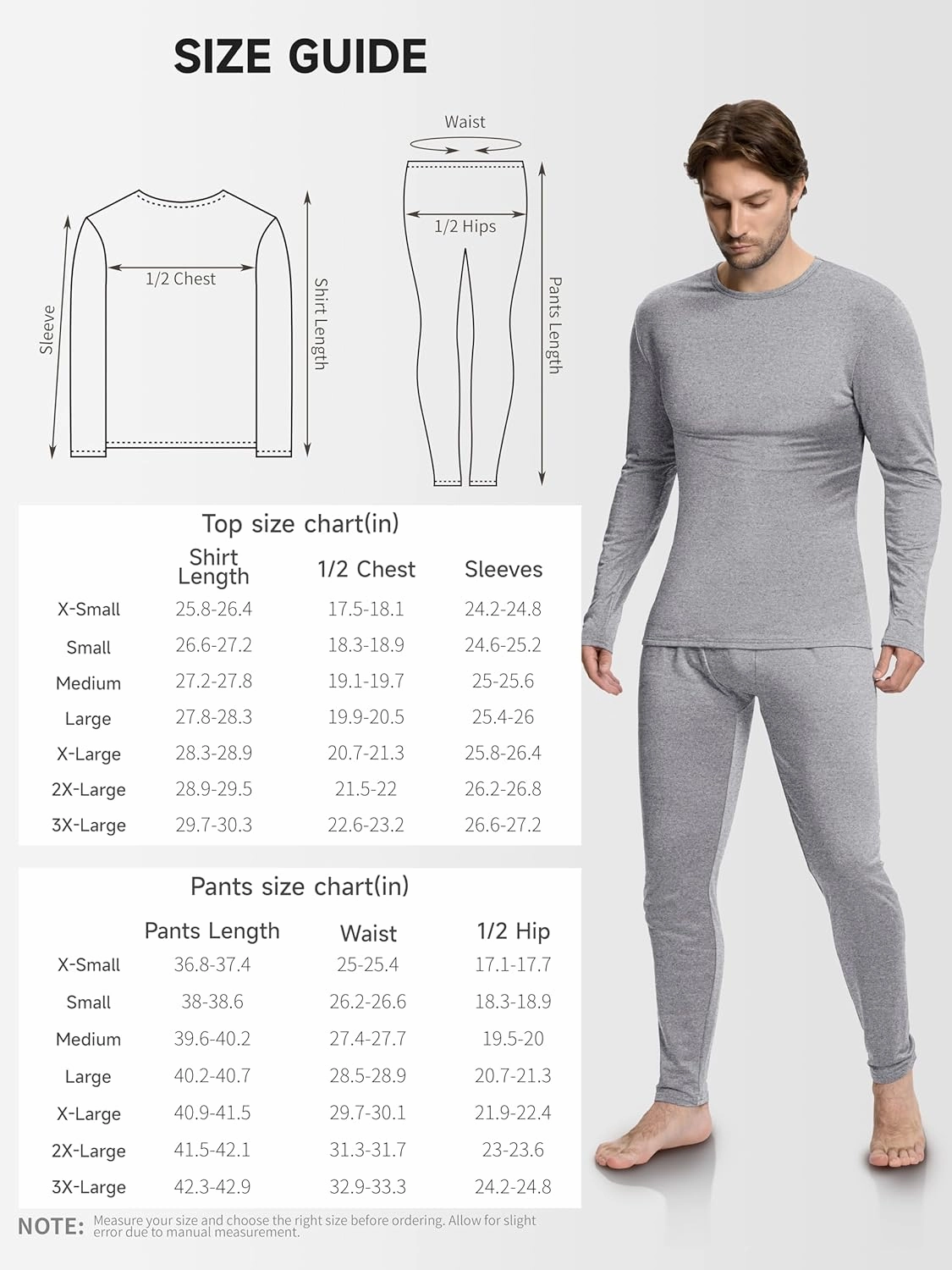 VZV Thermal Underwear for Men Fleece Lined Long Johns for Mens Thermals Top and Bottom Set Soft Base Layer for Winter