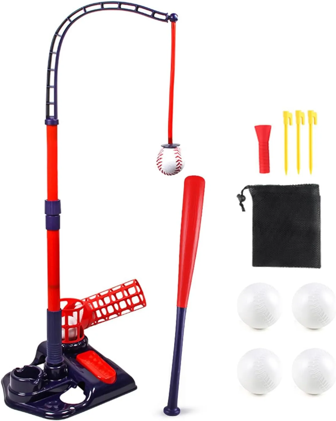 Walbest 3-in-1 Baseball Set for Kids 3-12, Tee Ball Stand with Pitching Machine Retractable Bat 6 Balls Adjustable Height Indoor Outdoor Sport Toy Gifts for Boys Blue