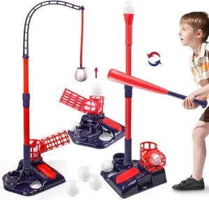 Walbest 3-in-1 Baseball Set for Kids 3-12, Tee Ball Stand with Pitching Machine Retractable Bat 6 Balls Adjustable Height Indoor Outdoor Sport Toy Gifts for Boys Blue