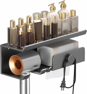 Wall Mounted Hair Dryer Holder, Bathroom Hair Tool Wall Rack, Rustproof Carbon Steel Organizer with Shelf for Home Hotel Salon