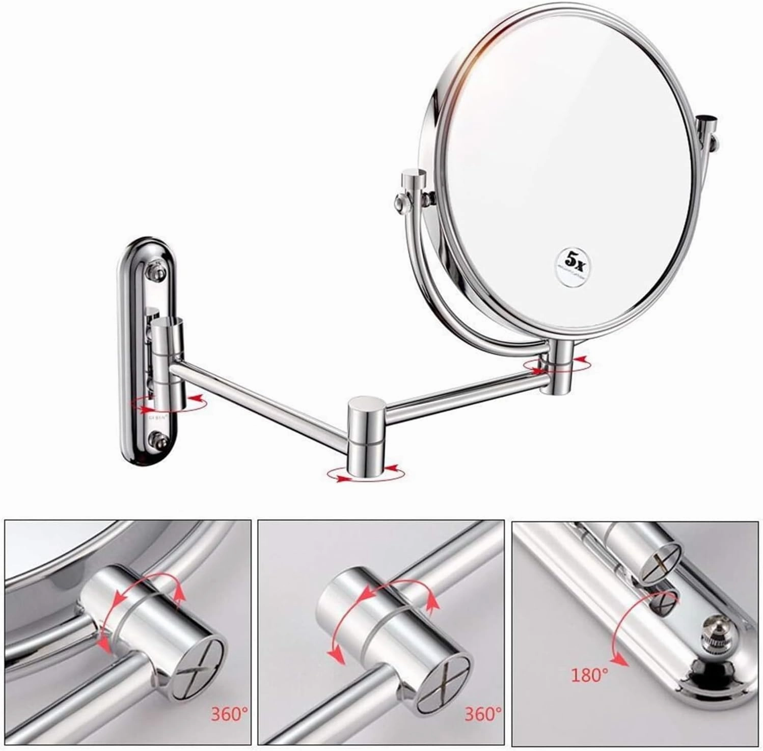 Wall Mounted Lighted Makeup Mirror 8 Inch Chrome Double Sided Vanity Mirrors with Magnifying, Bathroom Flexible Extendable 360° Swivel Cosmetic Mirrors(3X)