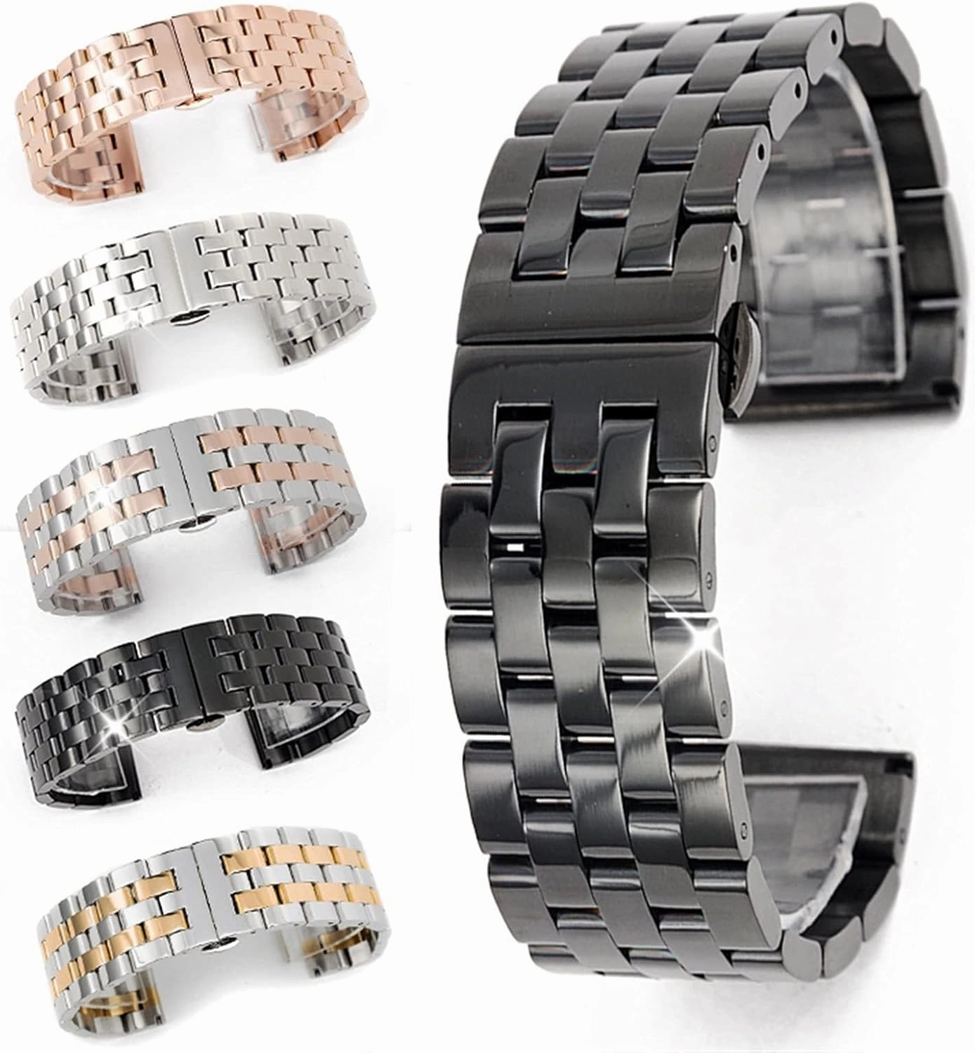 Watch Strap 20mm, 22mm, 24mm, 26mm Black/silver Stainless Steel Quick Release Solid Link Metal Strap Men's And Women's Business Watches