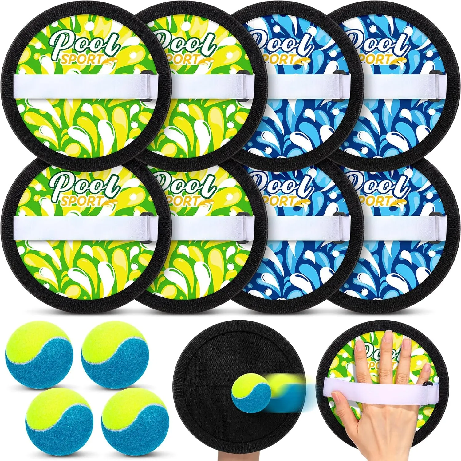 Water Grip Ball Toss and Catch Game Set Include 8 Water Paddles 4 Balls Waterproof Beach Toy Set Throw Sport Game for Swimming Pool Beach Backyard Game(Blue, Green)