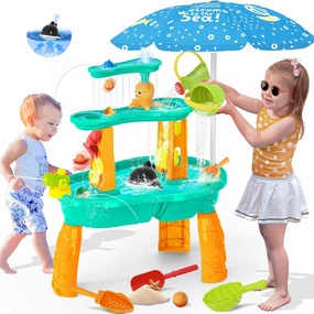 Water Table for Toddlers 3-5, 3-Tier Auto Water-Absorbing Kids Sand Water Table with Water Pump & Umbrella Splash Pond Toy, Sensory Play Table Toys for Outdoor Pool Beach Backyard Summer (Cyan&Orange）