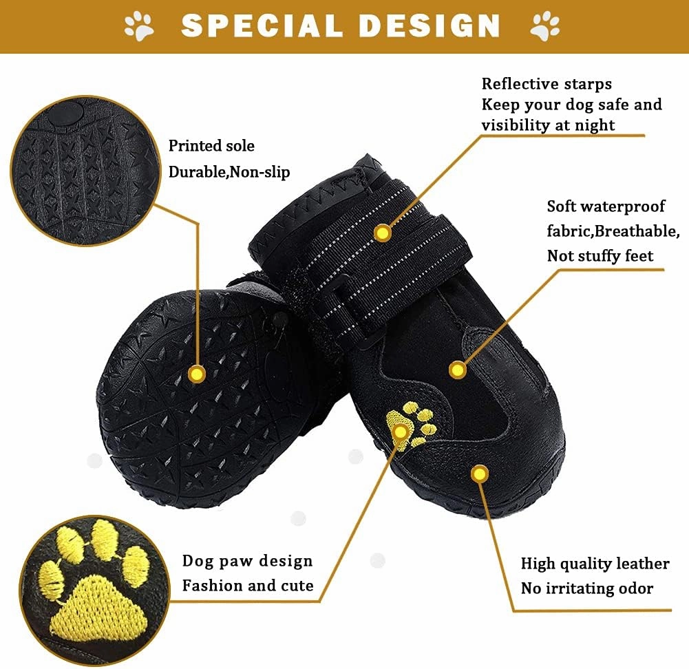 Waterproof Dog Boots, Dog Outdoor Shoes, Pet Rain Boots, Running Shoes for Medium to Large Dogs with Two Reflective Fastening Straps and Rugged Anti-Slip Sole (2.76" x2.56", Black 4PCS).