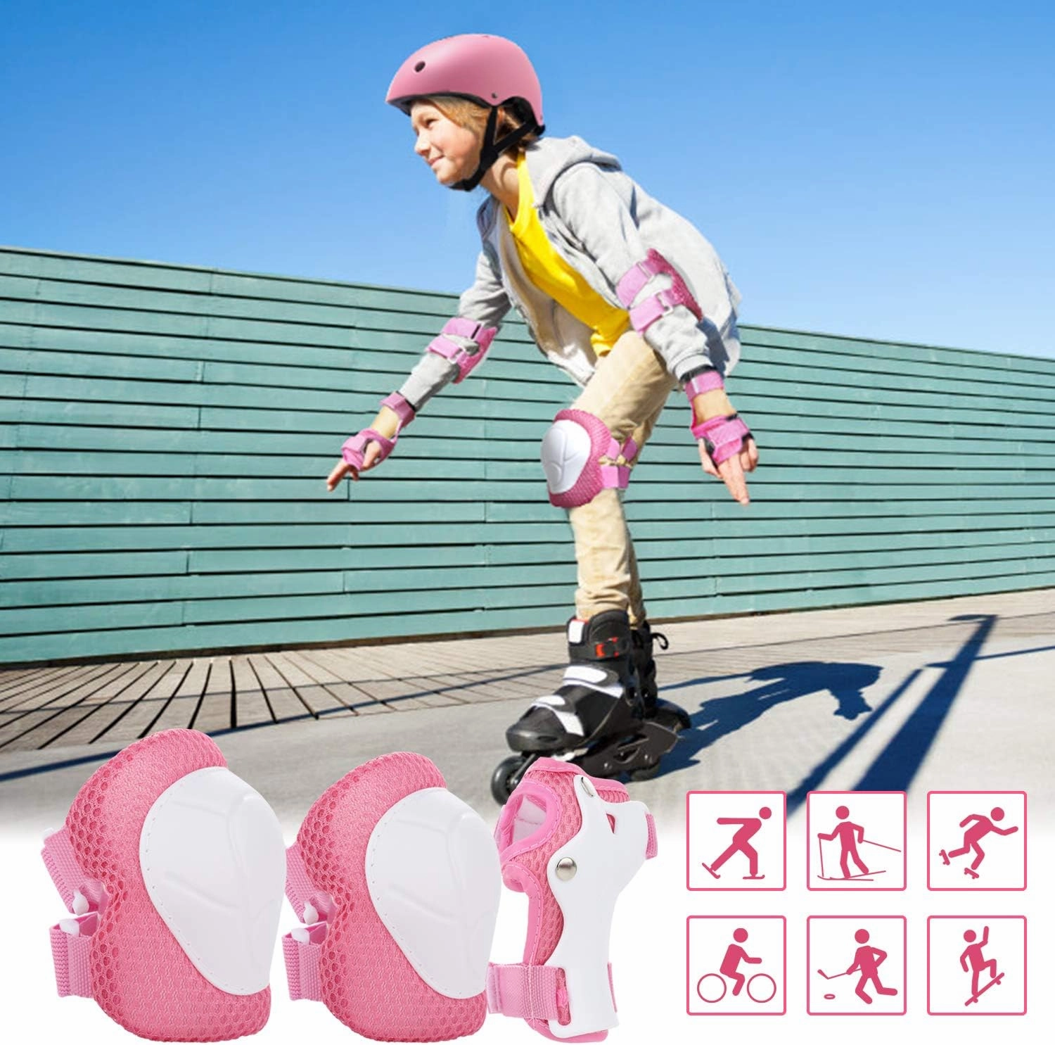 WayEee Kids Bike Helmet Set Skateboard Knee Pads, Helmet Pad Set Protective Gear Set Adjustable for Girls Kids 3-10 Helmet Elbow Pads Wrist Guards for Sport Cycling Bike Roller Skating Scooter