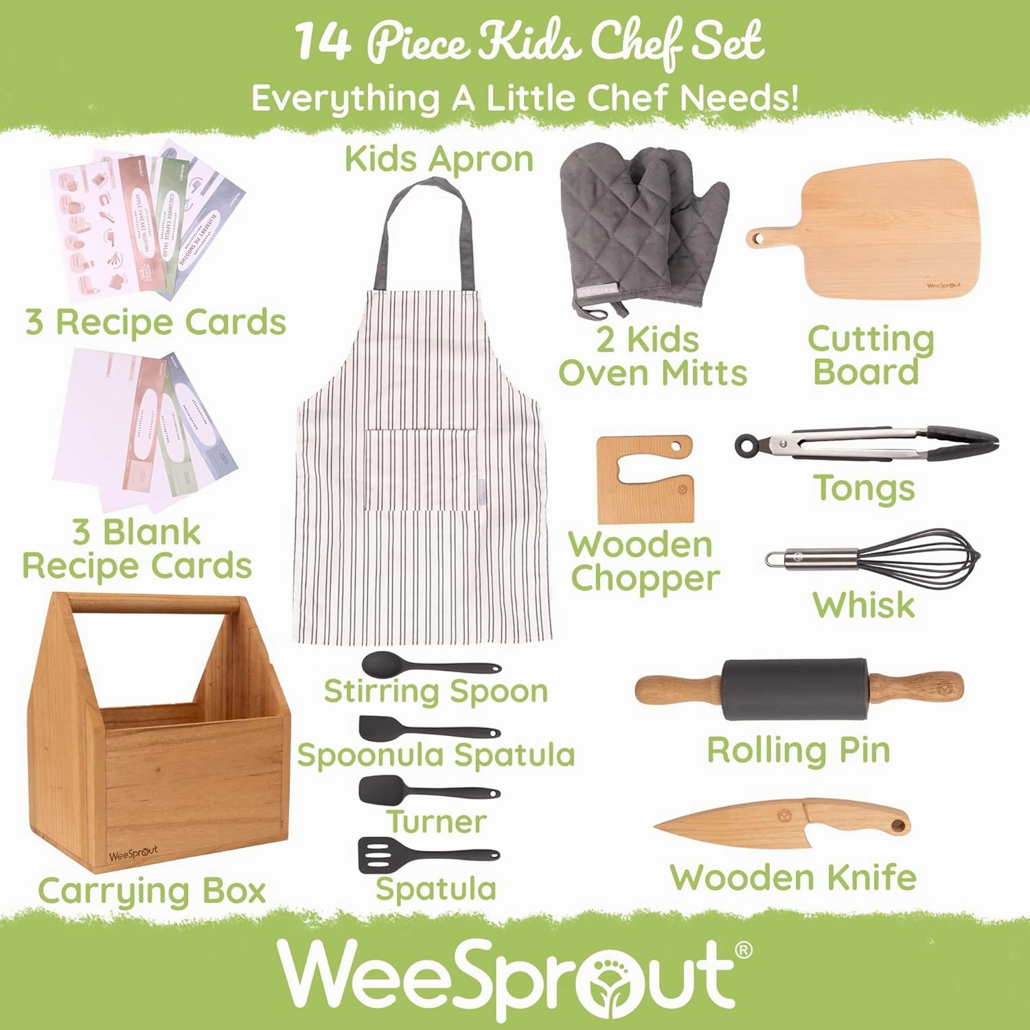 WeeSprout Little Chef Kids Cooking & Baking Set, 14 Piece Cooking Set with Real Kitchen Tools & Kids Apron, Baking Gift for Girls, Boys & Junior Chefs, Food Grade Materials, Choice of Colors