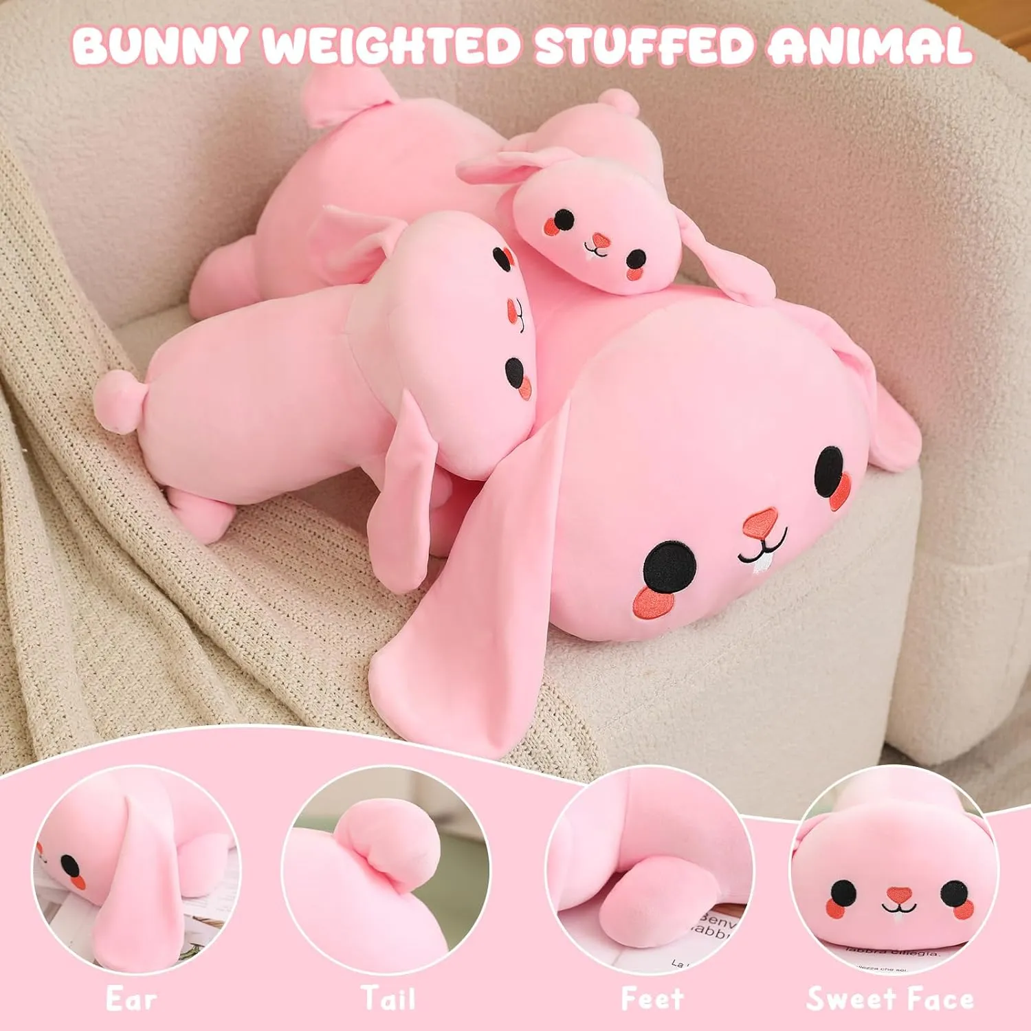 Weighted Stuffed Animals, 3.74 lbs Bunny Stuffed Animal with Weighted Beads, Cute Plush Toy Pillow Gifts for Adults Kids Boys Girls