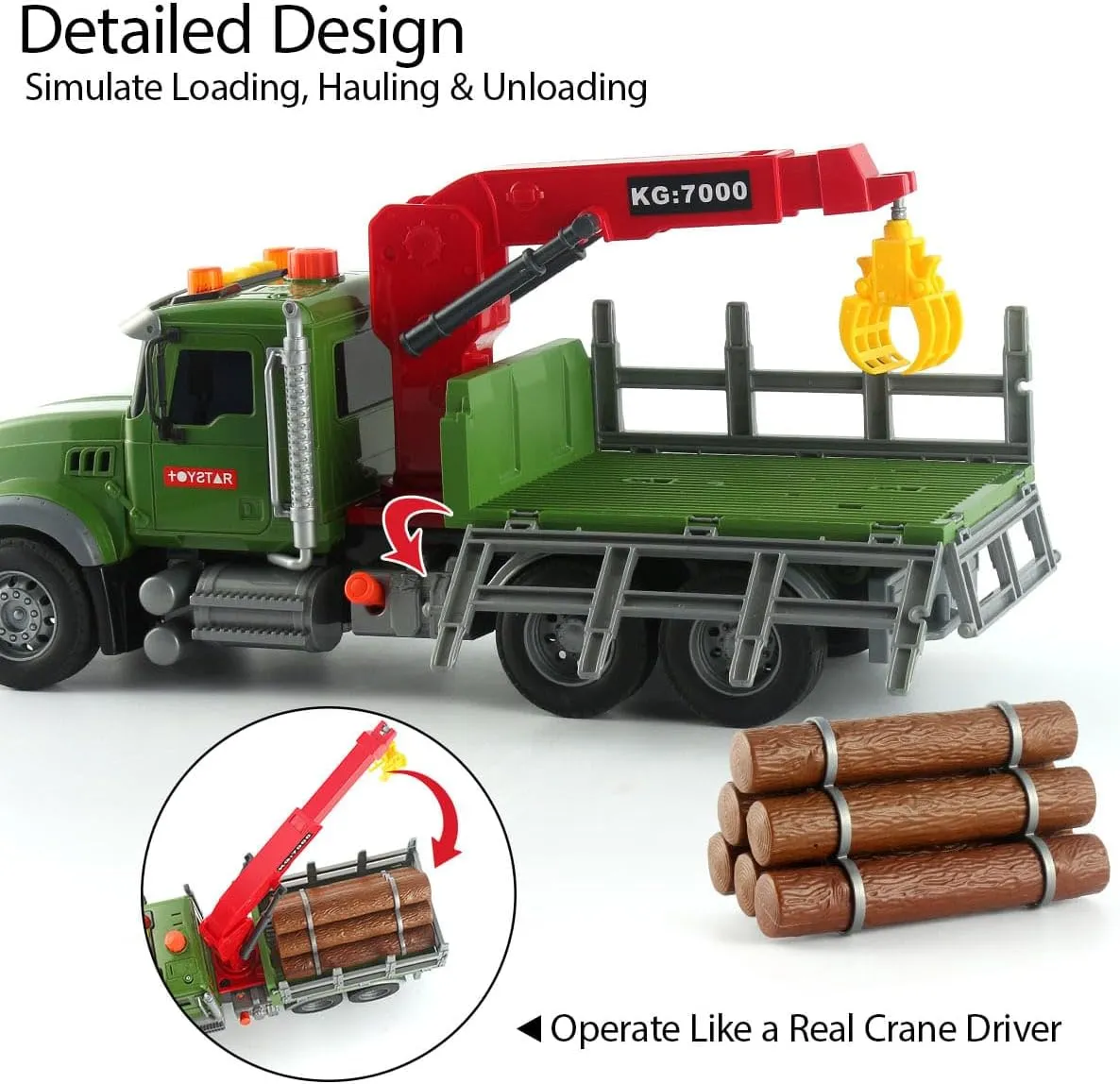 Wenbeier Farm Truck Toy for Kids 15" Large Timber Truck with Loading Crane and 6 Woods - Log Truck with Sound and Light Gift for Boy Toddler Child Ages 3 4 5 6