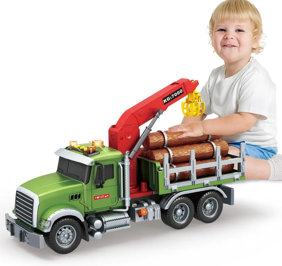 Wenbeier Farm Truck Toy for Kids 15" Large Timber Truck with Loading Crane and 6 Woods - Log Truck with Sound and Light Gift for Boy Toddler Child Ages 3 4 5 6