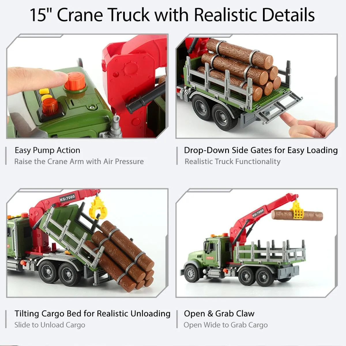 Wenbeier Farm Truck Toy for Kids 15" Large Timber Truck with Loading Crane and 6 Woods - Log Truck with Sound and Light Gift for Boy Toddler Child Ages 3 4 5 6