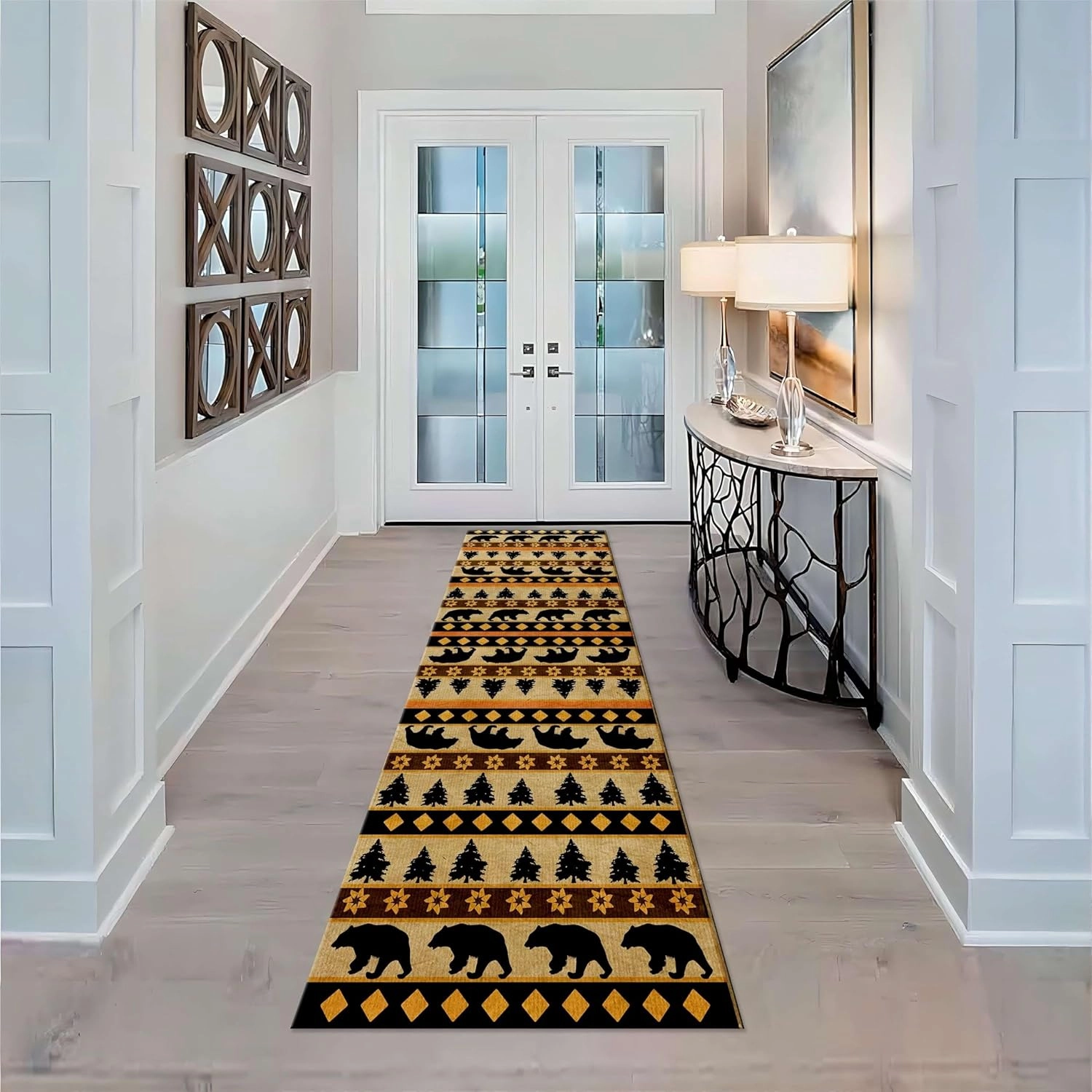 Western Cabin Lodge Runner Rug, 2x6ft, Southwest Native American Black Bear Woodland Long Runner Rugs, Boho Ethnic Geometric Design Hallway Rugs, Non-Slip Floor Carpet for Entrance Kitchen