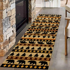Western Cabin Lodge Runner Rug, 2x6ft, Southwest Native American Black Bear Woodland Long Runner Rugs, Boho Ethnic Geometric Design Hallway Rugs, Non-Slip Floor Carpet for Entrance Kitchen