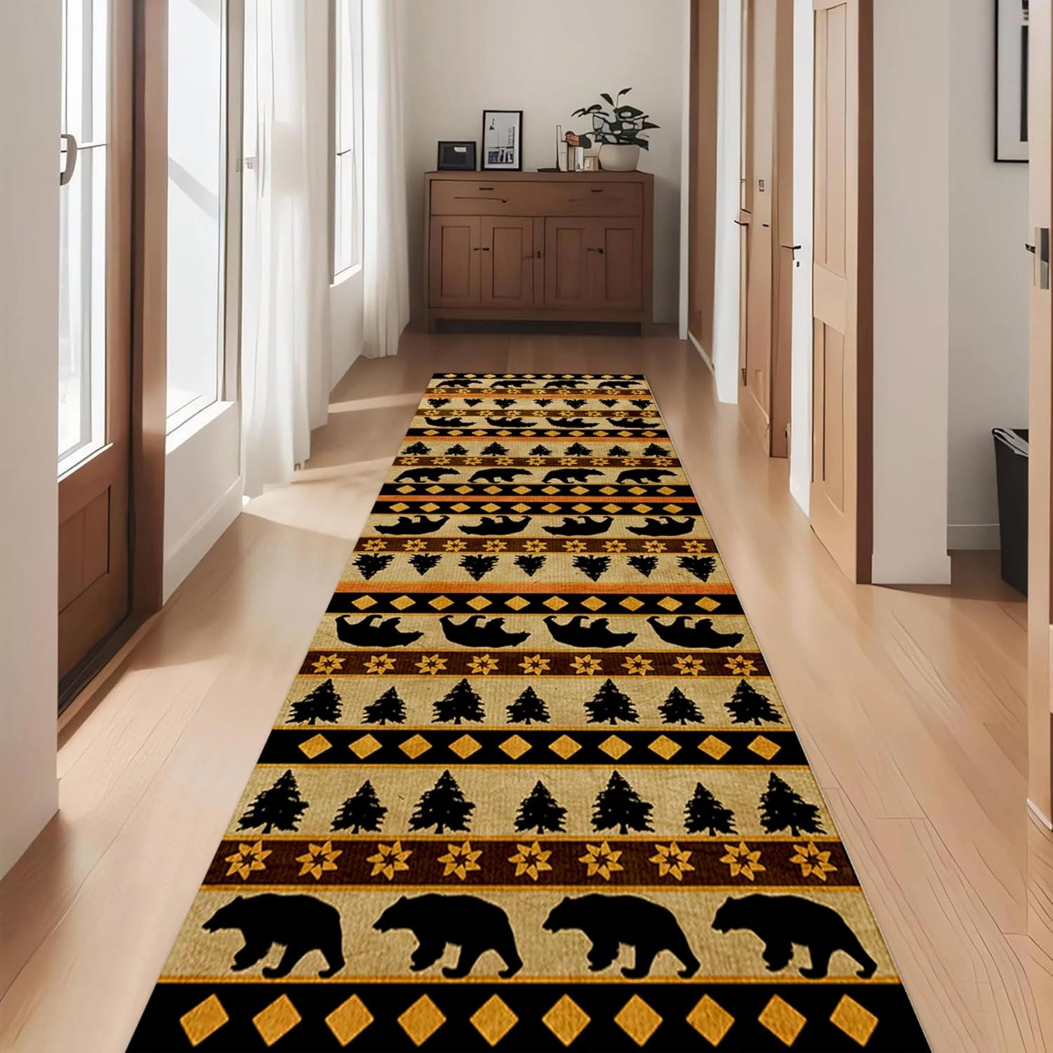 Western Cabin Lodge Runner Rug, 2x6ft, Southwest Native American Black Bear Woodland Long Runner Rugs, Boho Ethnic Geometric Design Hallway Rugs, Non-Slip Floor Carpet for Entrance Kitchen