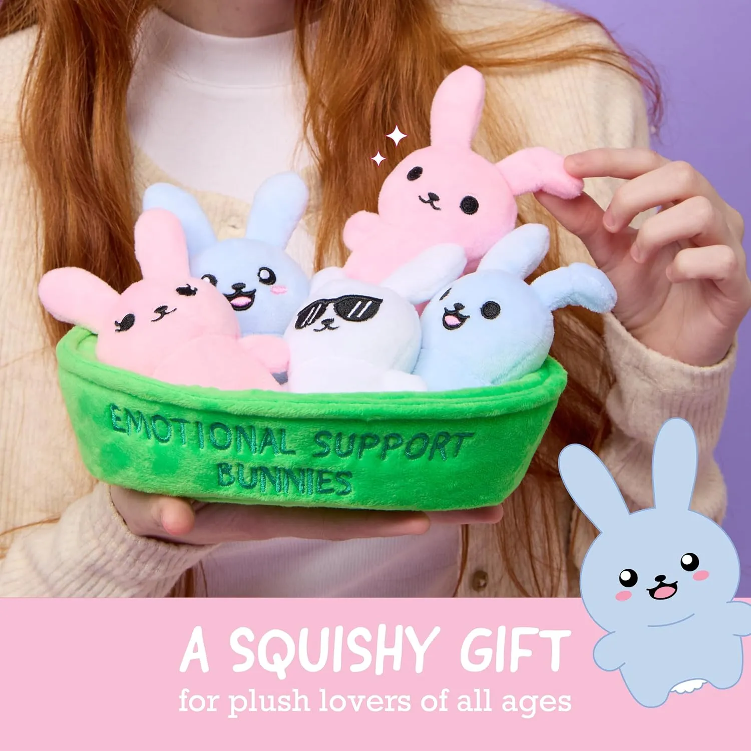 WHAT DO YOU MEME? Emotional Support Bunnies by Relatable, Cuddly Stuffed Animals and Toys, Squishy Toys and Plushies, Great Ideas for Loved Ones of All Ages, Includes 5 Plushies with Carrying Basket
