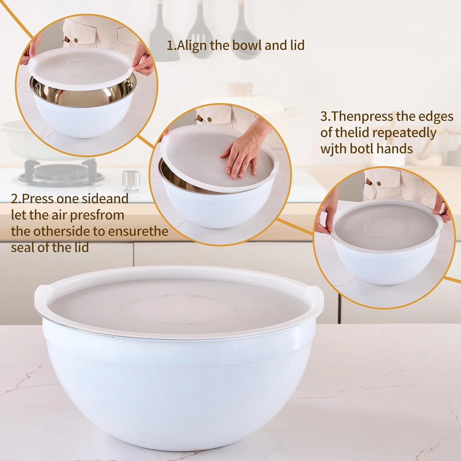 White Mixing Bowls with Airtight Lids, Stainless Steel Nesting Mixing Bowls Set of 7, Ideal for Baking, Prepping and Serving Food, Size 7, 3.6, 2.7, 2.1, 1.5, 1.1,0.8 QT, Stackable Design