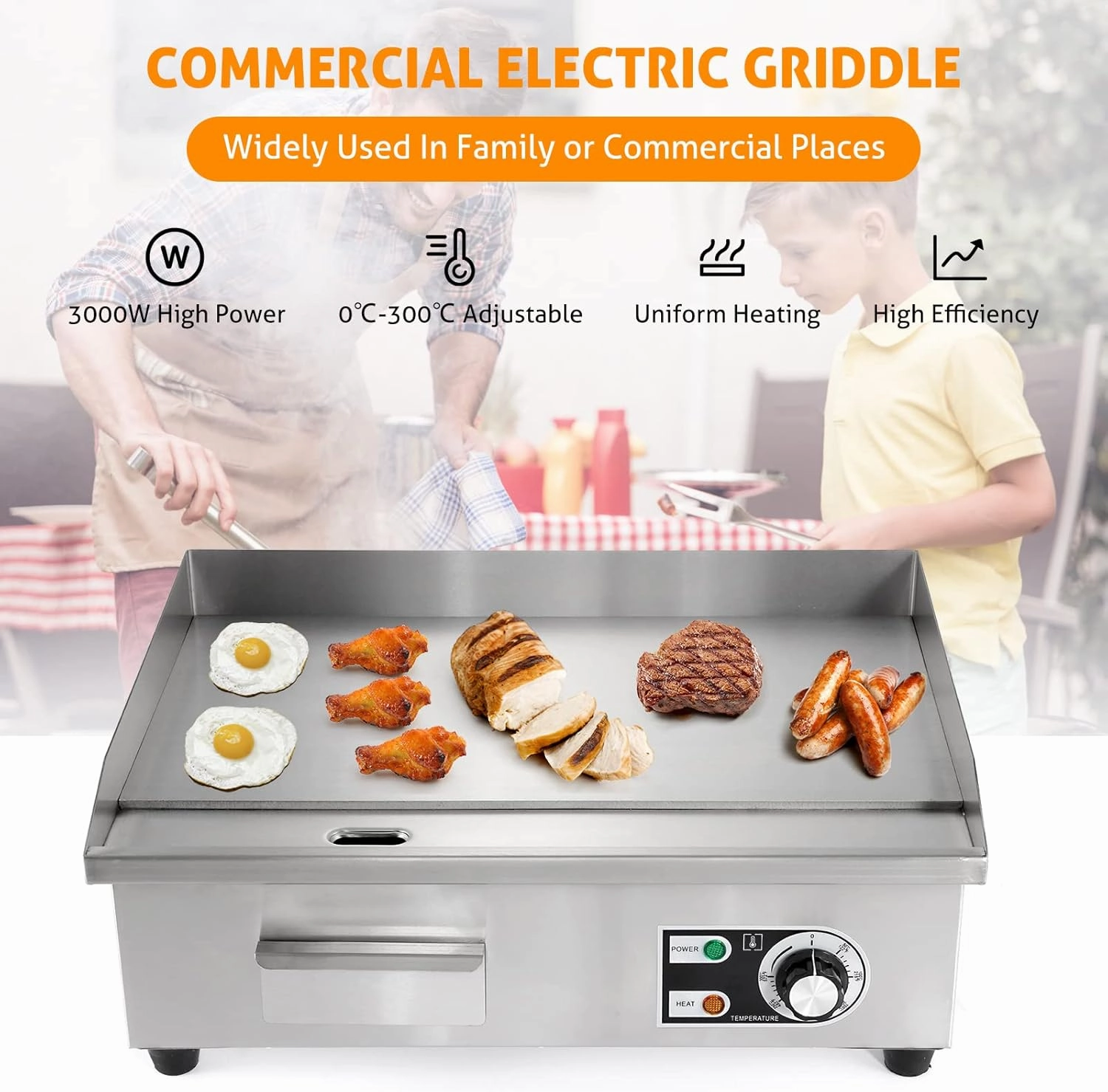 WICHEMI Commercial Electric Griddle 22" 3000W Flat Top Grill Countertop Griddle Stainless Steel Teppanyaki Grill w/Iron Cooking Plate for Restaurant Kitchen, 110V
