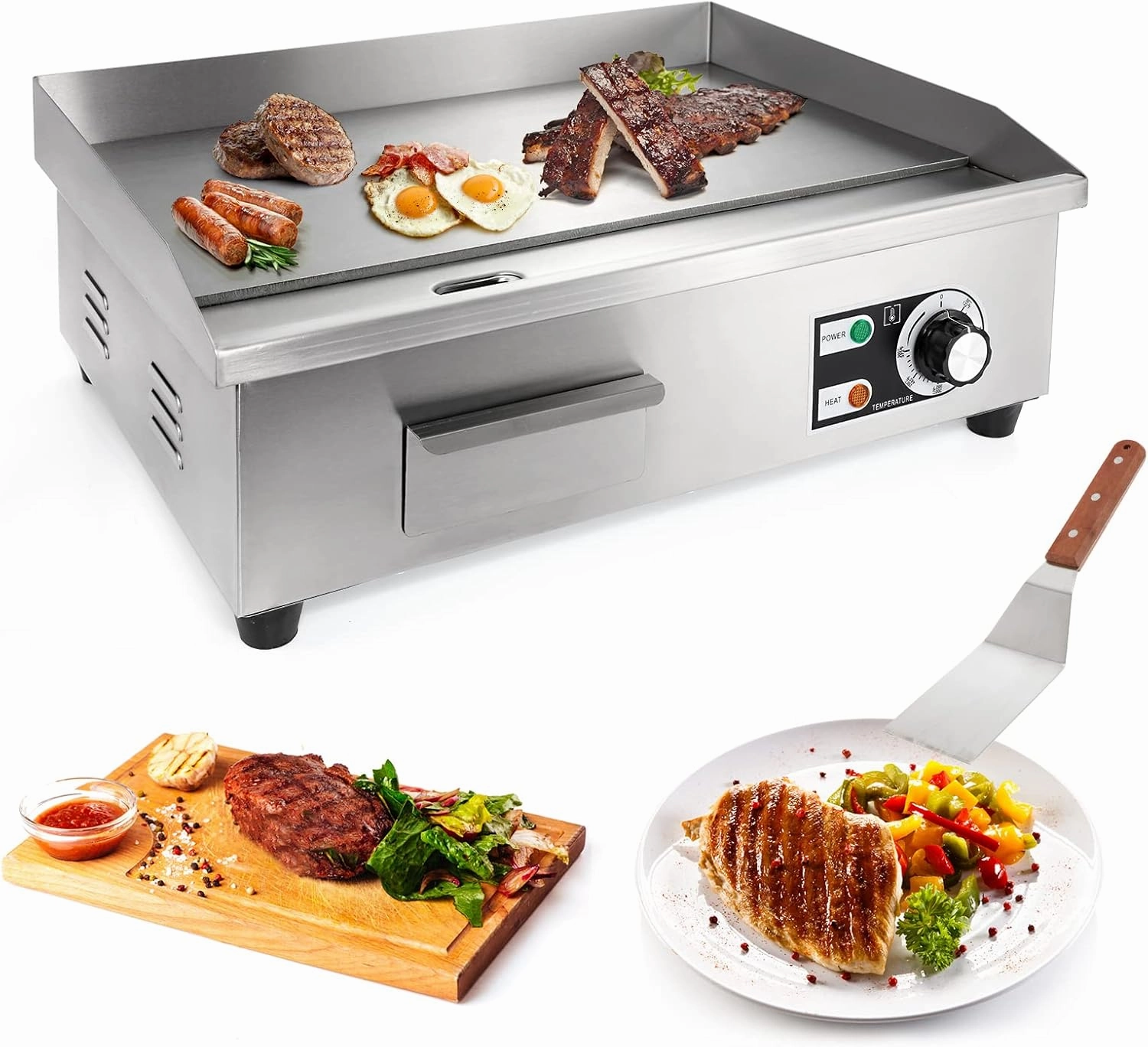 WICHEMI Commercial Electric Griddle 22" 3000W Flat Top Grill Countertop Griddle Stainless Steel Teppanyaki Grill w/Iron Cooking Plate for Restaurant Kitchen, 110V
