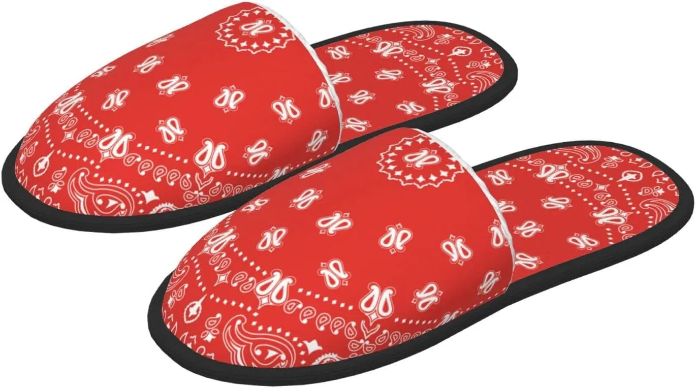 Winter House Shoes Fluffy Slippers Red Western Paisley Bandana Pattern Warm Indoor House Slippers For Men Women