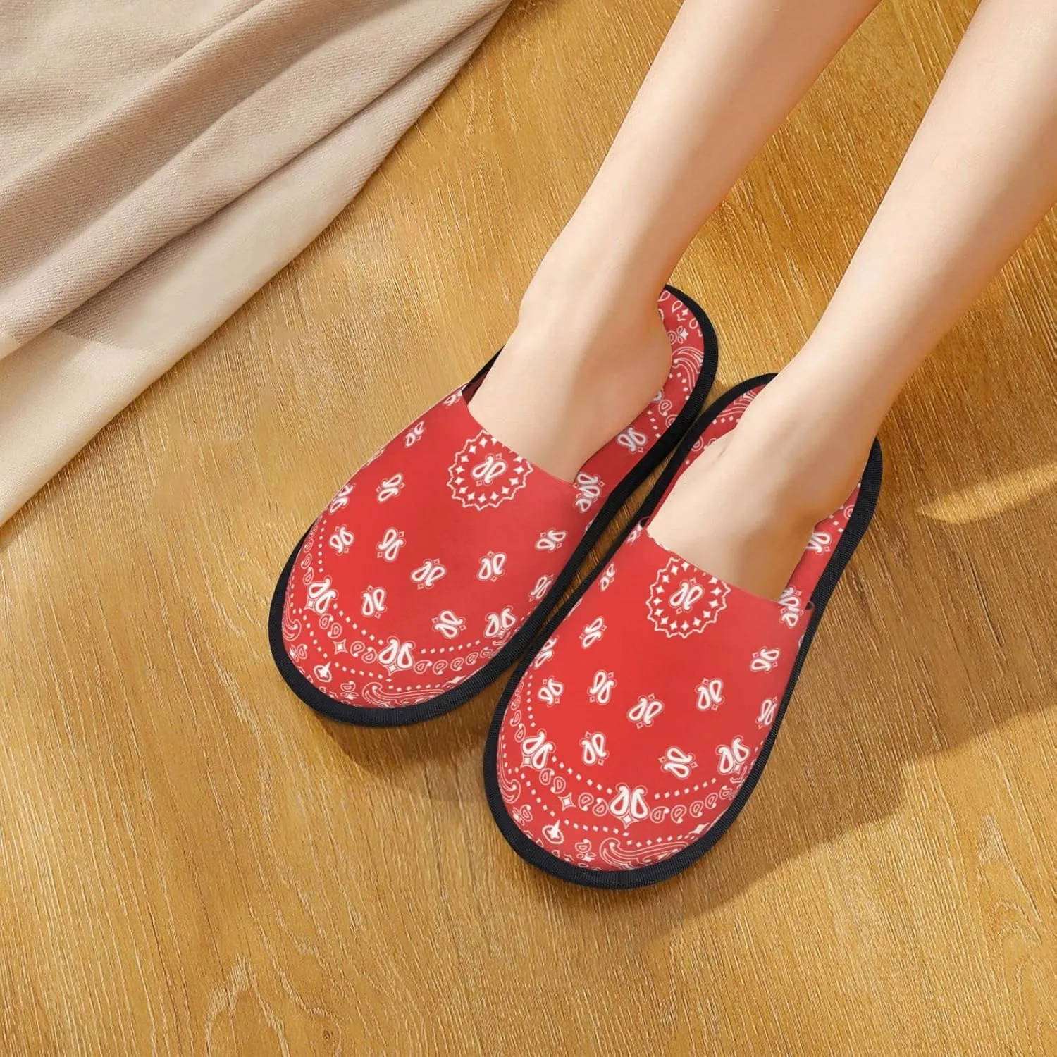 Winter House Shoes Fluffy Slippers Red Western Paisley Bandana Pattern Warm Indoor House Slippers For Men Women