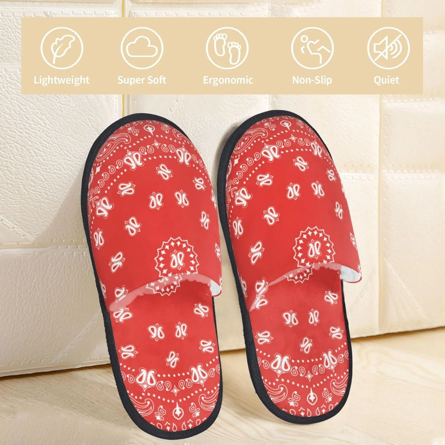 Winter House Shoes Fluffy Slippers Red Western Paisley Bandana Pattern Warm Indoor House Slippers For Men Women