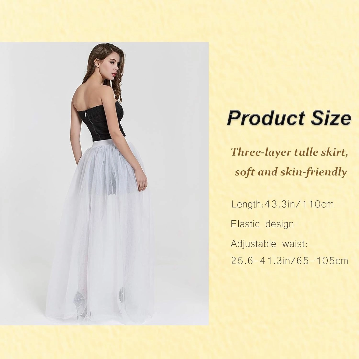 Women Long Tulle Tutu Skirts, 3 Layers Floor Length Elastic Waist Bustle Skirt for Wedding Prom Party Bride Gown Overskirt