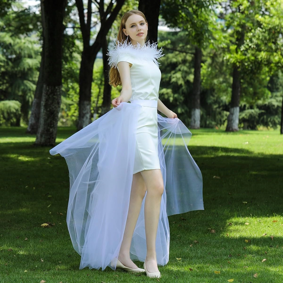 Women Long Tulle Tutu Skirts, 3 Layers Floor Length Elastic Waist Bustle Skirt for Wedding Prom Party Bride Gown Overskirt