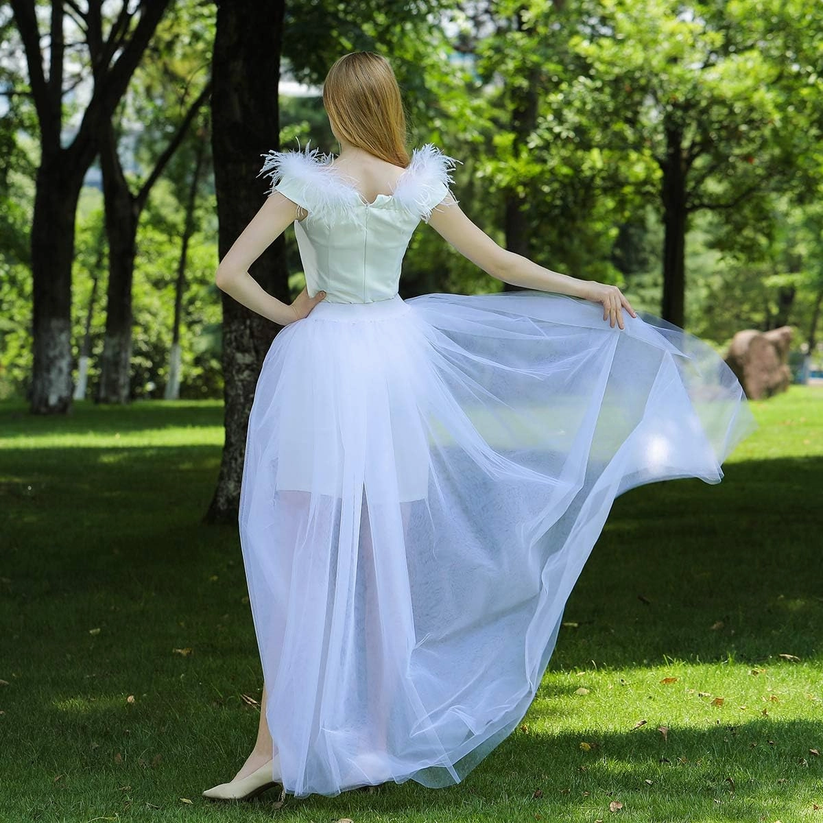 Women Long Tulle Tutu Skirts, 3 Layers Floor Length Elastic Waist Bustle Skirt for Wedding Prom Party Bride Gown Overskirt