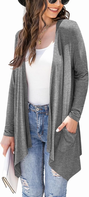 Women's Lightweight Cardigan Casual Soft Long Sleeve Floral Knit Cardigans with Pockets High Low Hem Draped Duster